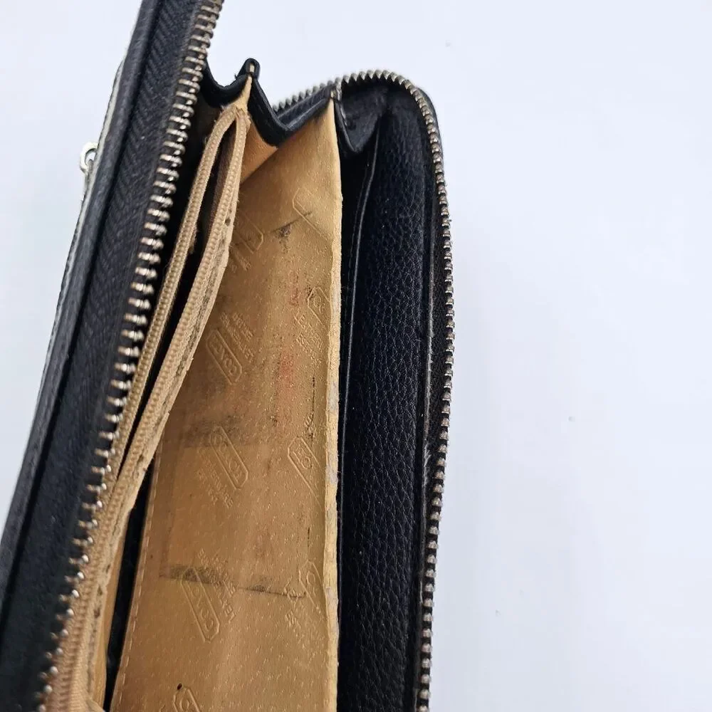 Coach Signature Zip Around Wallet Khaki Brown Canvas Black Leather Accordion